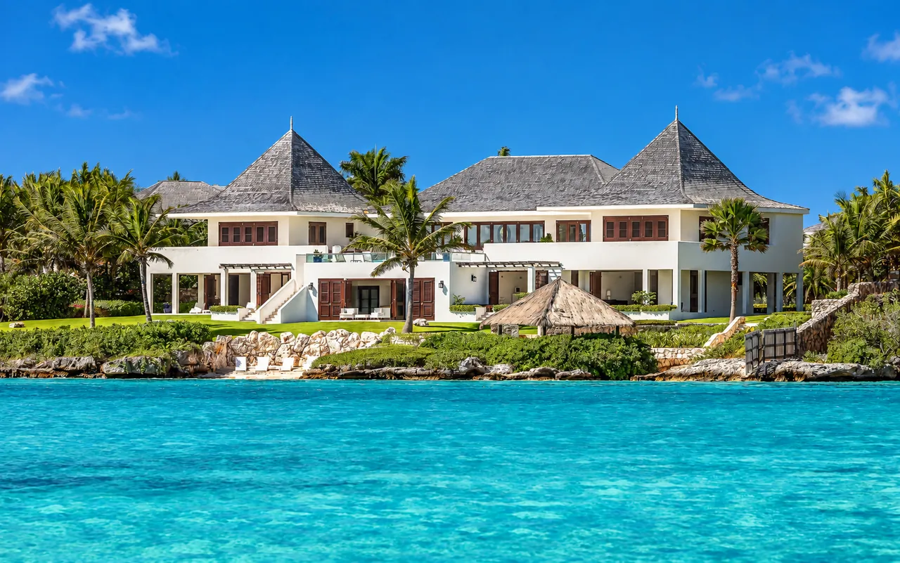 Waterfront villa with pointed roofs overlooking turquoise water in Anguilla