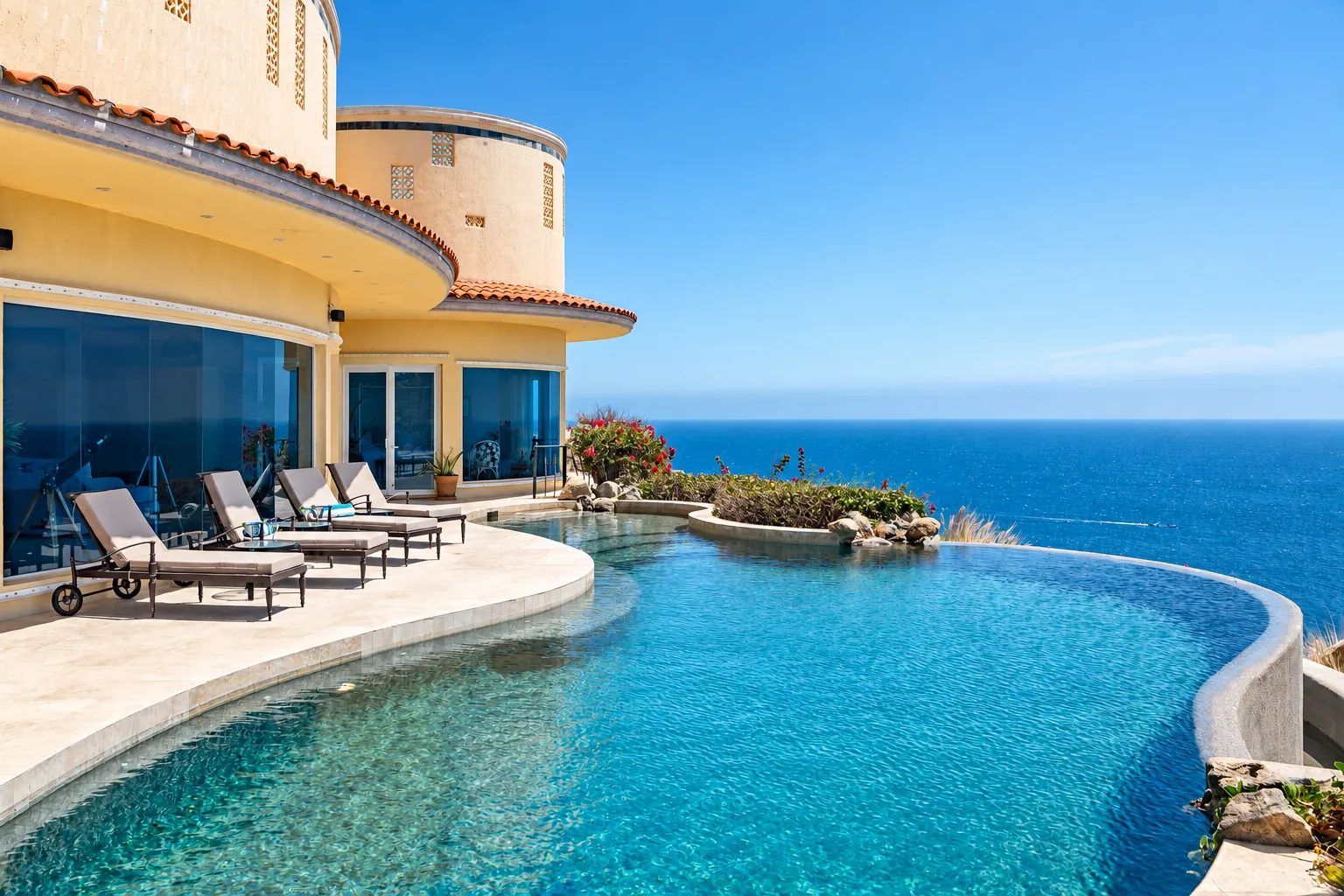 A Cabo villa terrace and curved infinity pool overlooking the ocean