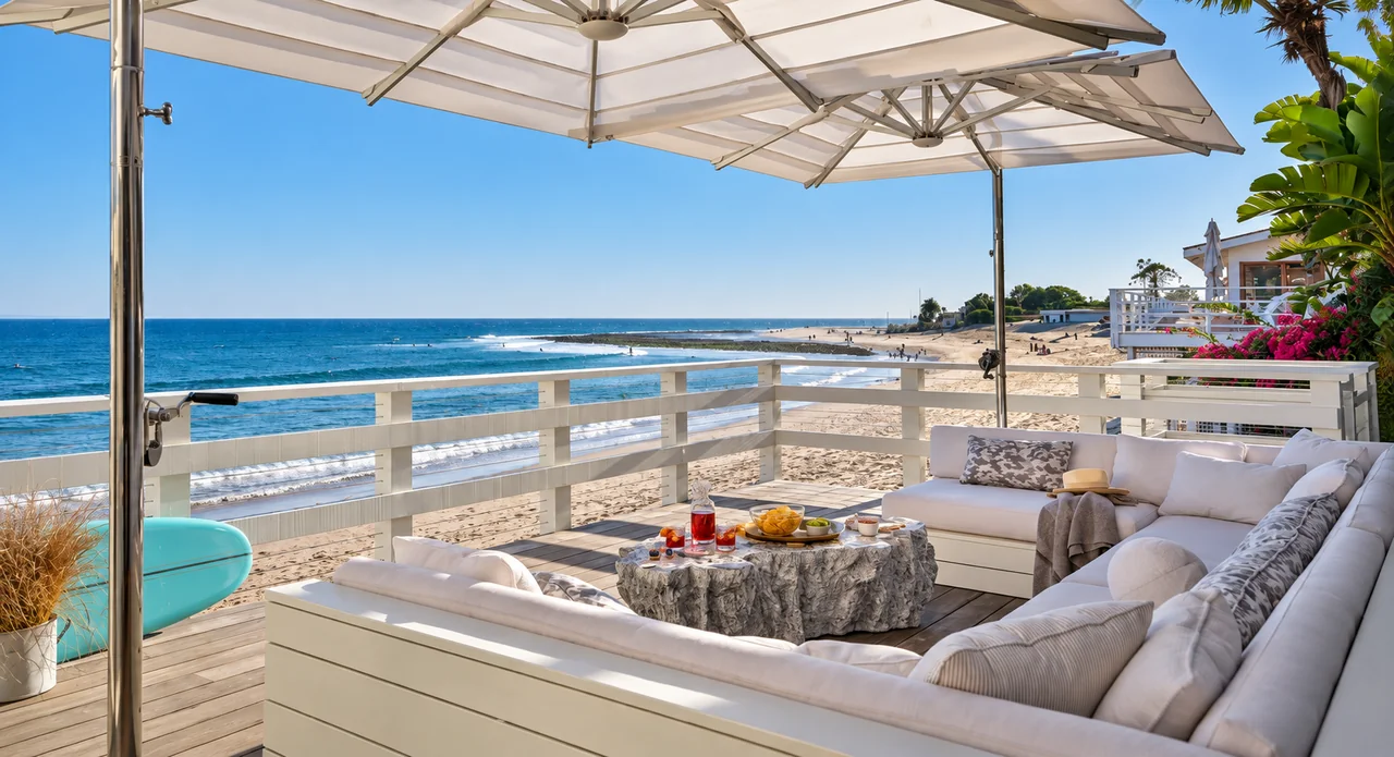 A beachfront deck with white sofas and umbrellas overlooking the ocean in California