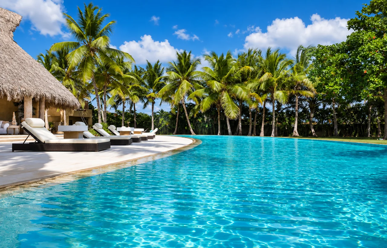 A curved turquoise pool beside a thatched-roof villa and palm grove in the Dominican Republic