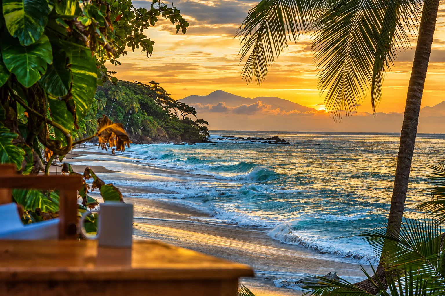 Golden sunset over a palm-framed beach and breaking waves in Guanacaste