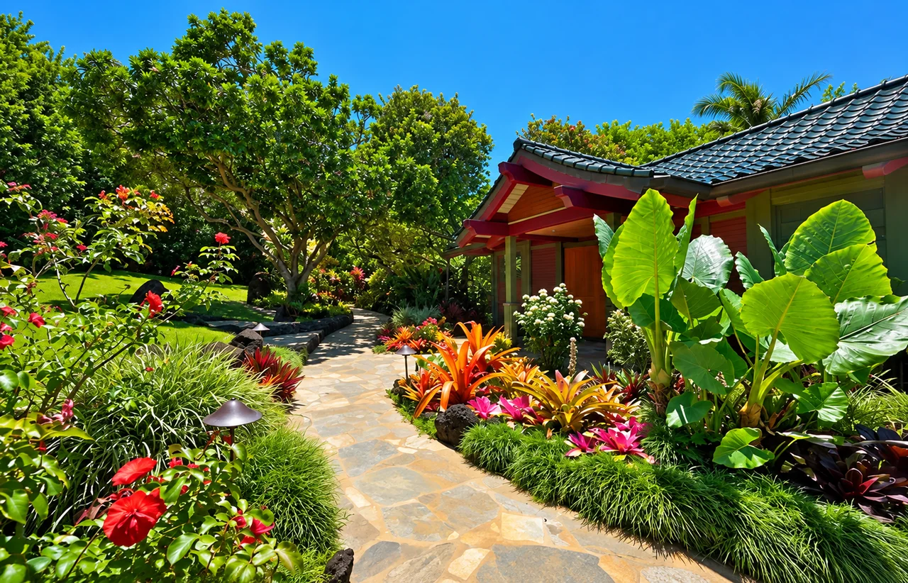 A stone garden path through tropical flowers beside a Kauai villa