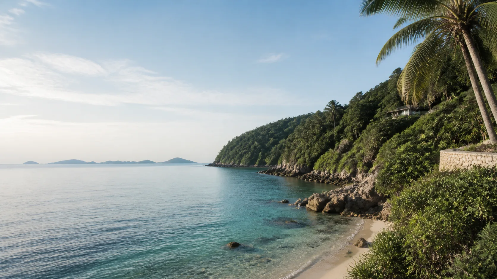 AI-generated illustration: Palm-fringed Gulf of Thailand bay inspired by Koh Samui.