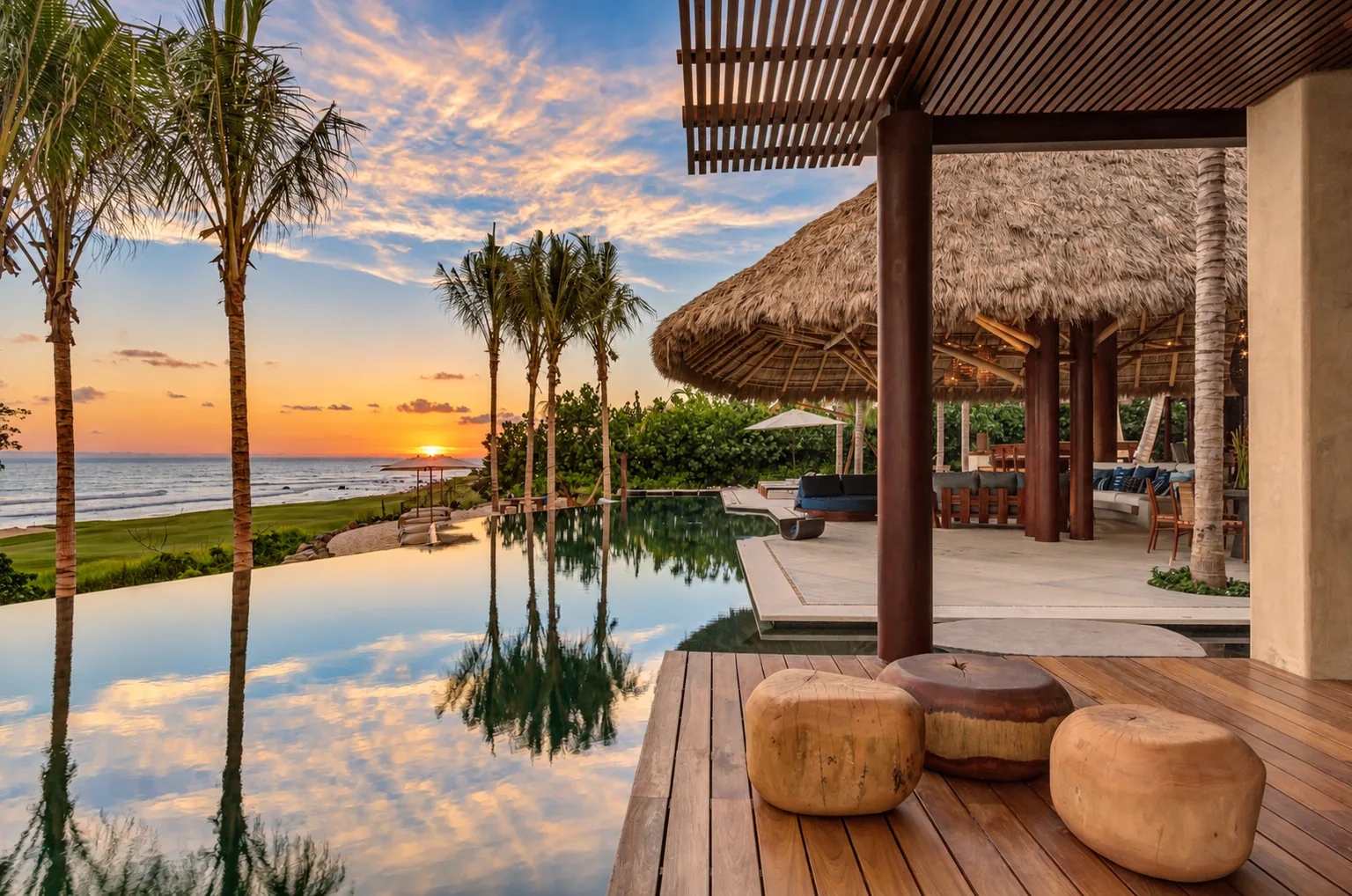 A beachfront villa and infinity pool reflecting the sunset beside a thatched terrace