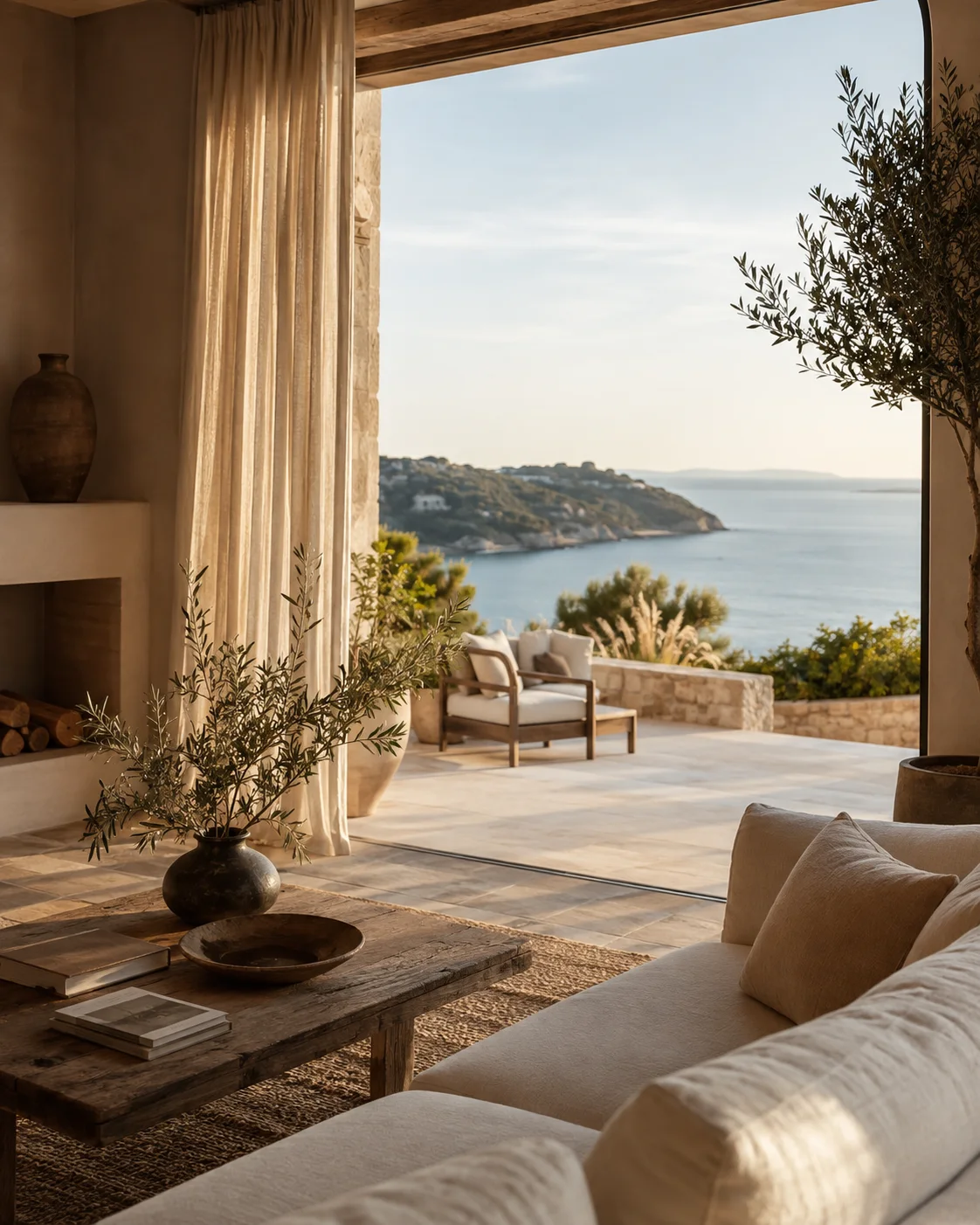 A villa living room opening onto a terrace above the sea